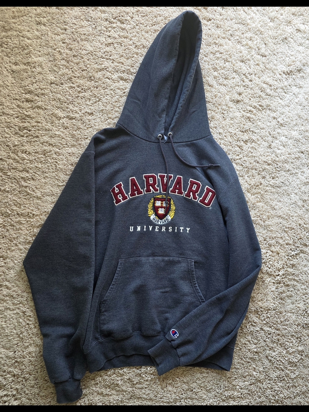 Champion Harvard Dark Gray Hooded Sweatshirt with Red Lettering